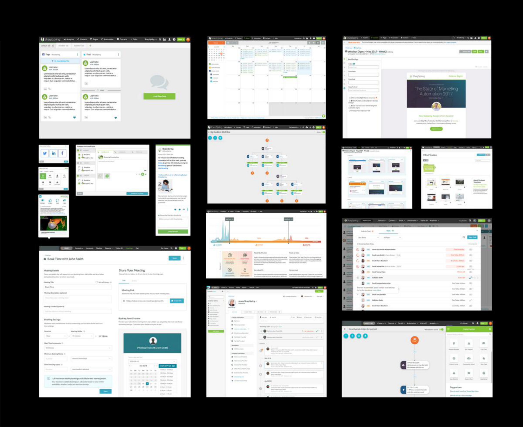 Product UI — social feed manager, calendar, workflow builder, email builder, CRM, analytics, booking tool
